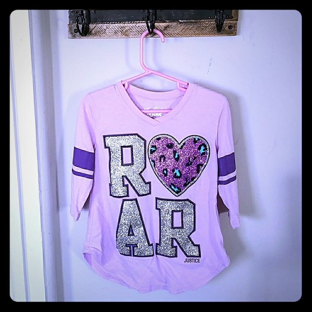 Justice 3/4 sleeve Purple Glittery Roar t-shirt